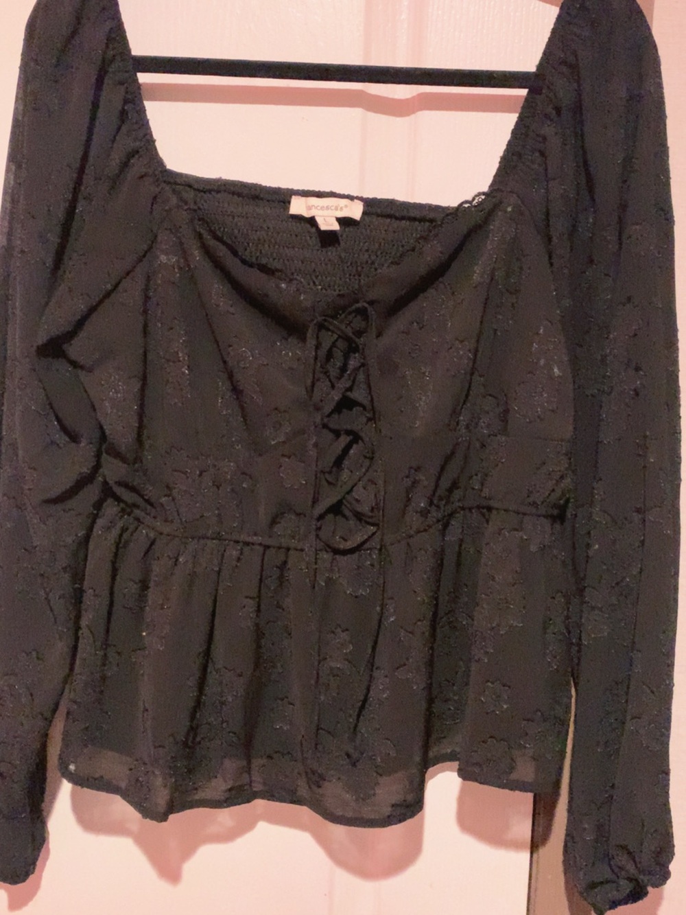Rebecca Taylor Black Lace-Up Floral Lace Blouse